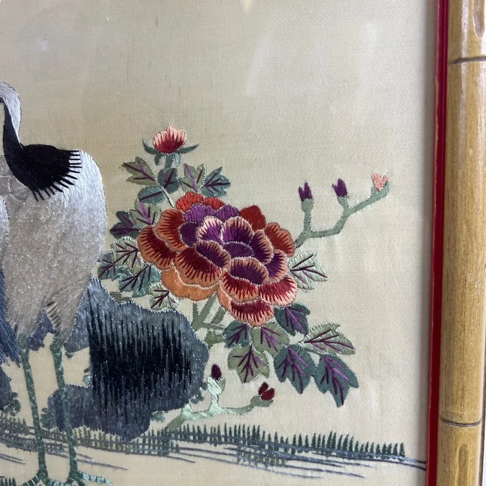 Vintage Chinese Silk Hand Embroidered Crane Pine Tree Framed Art 14x21 Excellent
